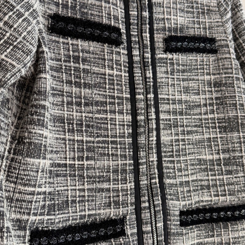 Black White S Plaid Tweed Lady Jacket Preppy Zip Front French Inspired. - Picture 2 of 9
